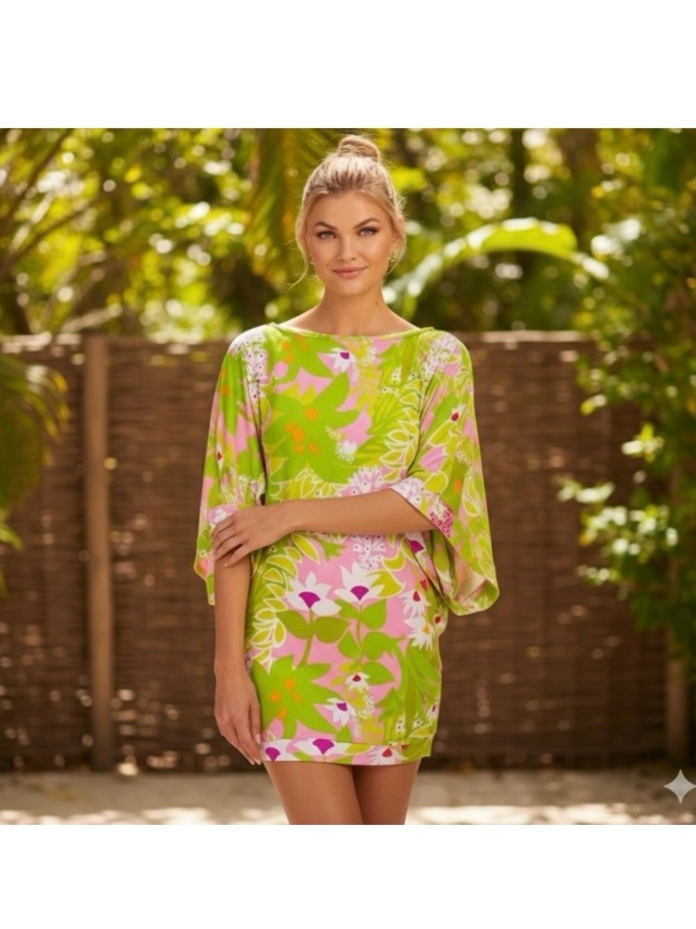 Trina Turk Floral La Palma Resort Coverup Dress Pink Green Tropical Beach Size S